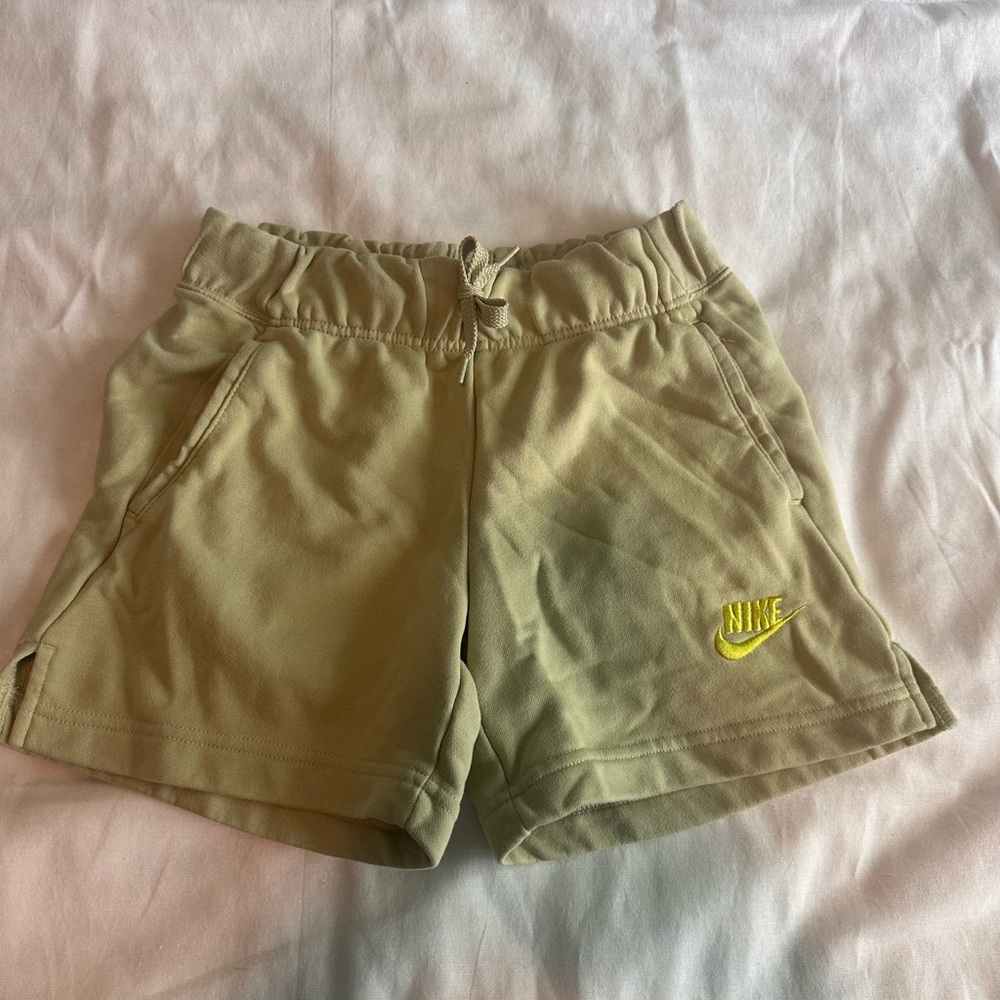 Nike Kids Shorts in Tan with Neon Yellow Logo